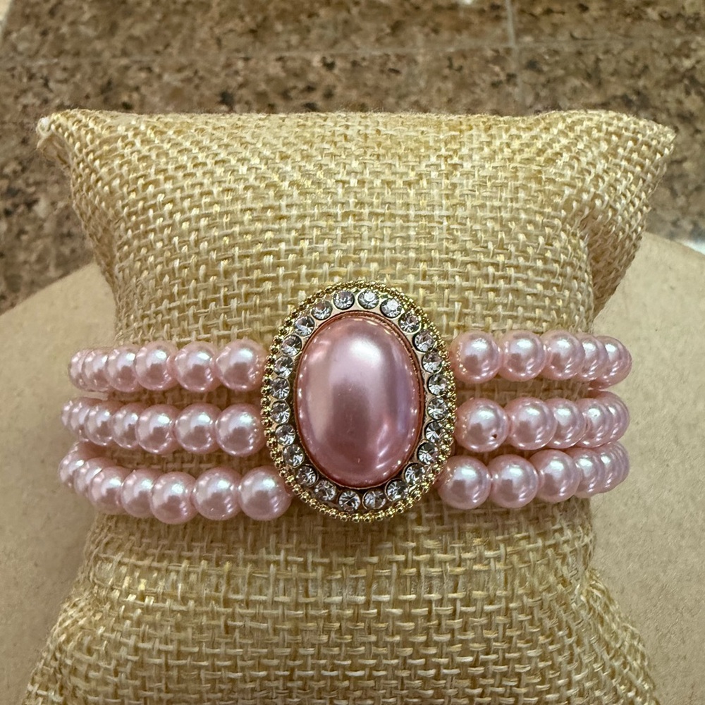 Elegant Pink Pearl Rhinestone Jewelry Set NEW - Picture 3 of 5